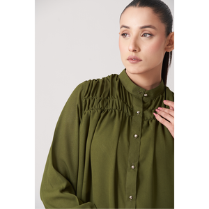Camisa de Mujer con Botones y Fruncido Olive, Tallas S/M/L/XL/2XL - Product Image 4