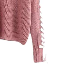 Pull en maille côtelée rose poussiéreux pour femmes, manches à lacets, doux, extensible, manches longues, décontracté, pull d'hiver, vente en gros OEM - Product Image 6