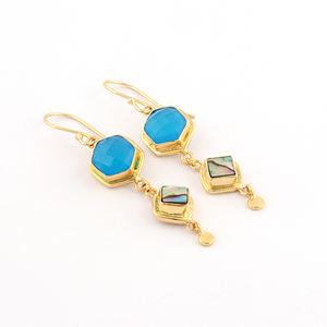 Pendientes de Moda Más Vendidos, Calcedonia Azul con Concha de Abulón, Pendientes Colgantes, Chapados en Oro de 18k, Hechos a Mano, con Gancho de Piedras Preciosas - Product Image 3