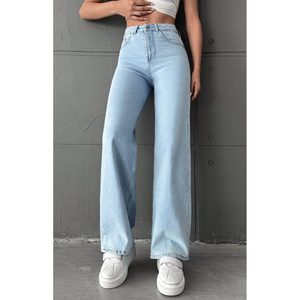 Funky Modern Woman Wide Leg Ice Blue <b>Denim</b> <b>Jeans</b> High Waist Relaxed <b>Soft</b> Stretch Fabric Plating Eco-Friendly Durable Size 26-40 - Product Image 1