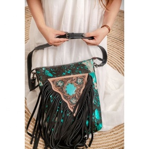 LW Sac à main en cuir de vachette véritable style vintage avec lanière unique, broderie de franges, sculpture de vrais cheveux, sacs à bandoulière - Product Image 3