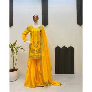 TRAJE SARARA DE DISEÑADOR EN TRES PIEZAS CON BORDADO EN SECUENCIA TRABAJO GEORGETTE INTERIOR MICRO TRABAJO BORDADO EN SECUENCIA TRABAJO - Product Image 1