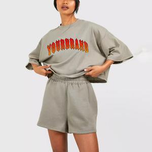 Conjunto de Shorts de Algodón para Mujer OEM, Secado Rápido, Traje Deportivo Pesado, Camiseta Holgada de Corte Cuadrado, Diseño Sólido, Cuello Redondo, Talla Grande, Conjunto de 2 Piezas - Product Image 6