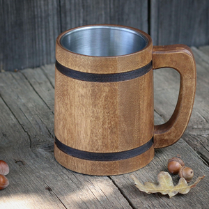 Taza de Cerveza de Madera Natural y Acero Inoxidable, Pulida y Brillante, con Asa, Tamaño Personalizado para Fiestas, Vajilla, Bodas, Bares y Restaurantes - Product Image 2