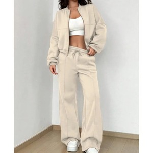 Gris Bomber Veste Pantalon Femmes 2 Pièces Ensemble Casual À Manches Longues Fermeture Éclair Manteau Casual Solide Sweat Pantalon Costume - Product Image 3