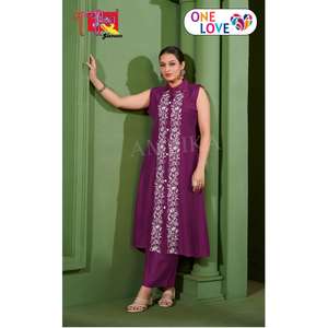 Conjunto Kurta de Diseño de Venta Rápida en Tela de Seda Vertical Bordada con Pantalón Sin Mangas de Maruti Fashion - Product Image 1