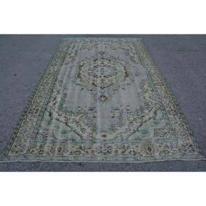 Classic Vintage Turkish Rug 5.8 X 9.2ft Green Beige Wool Large Area Rectangle Patchwork Abstract for Hallway Room Rug Latex - Product Image 1