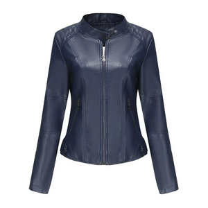 Chaqueta de cuero de motorista ligera para mujer con manga larga, cuello levantado, prendas de vestir transpirables para motocicleta, abrigo de invierno informal con cremallera - Product Image 5