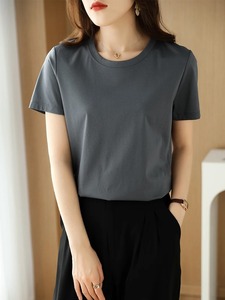 Été 100% Coton mercerisé T-shirts en soie pour femmes Col O Manches courtes Loose <span class=keywords><strong>Straight</strong></span> Tops Simple Casual <span class=keywords><strong>Tees</strong></span> - Product Image 2