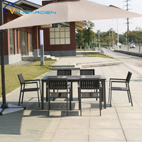 Ensemble de mobilier de jardin contemporain noir, table et chaises en plastique, bois et aluminium, pour terrasse, pelouse, extérieur, hôtel, 6 places, ensemble de salle à manger