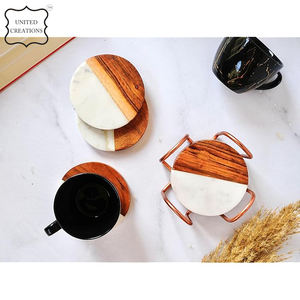 Modern Style Handcrafted <b>Ceramic</b> <b>Coasters</b> White Marble & Mango Wood Classic Style Drinks Holder - Product Image 5
