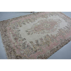 Vintage Turkish <b>Rug</b> Classic Beige Pink 5.8 X 9.5 ft <b>Boho</b> Flat Weave Jute Carpet Patchwork Pattern for Living Room - Product Image 2