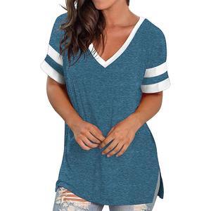 Camiseta básica de mujer para primavera y verano, estilo europeo y estadounidense, de color sólido, con cuello en V, manga corta y corte holgado. - Product Image 2