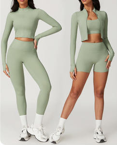 Custom Logo Yoga Gym Long Sleeve Jacket Bra <b>Shorts</b> for Women Outdoor Sports Yoga Full Zippers Breathable 3 Pieces Casual Sets - Product Image 2