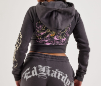 Sudadera con capucha unisex de algodón de alto gramaje, estilo streetwear, con estampado personalizado, efecto desgastado, lavado ácido, oversize, con cremallera y pedrería bordada, de corte alto