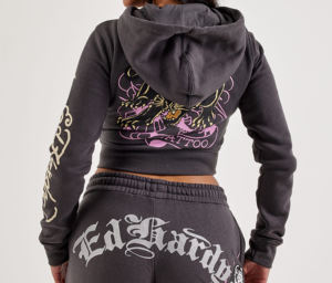 Hoodie court personnalisé en coton épais délavé style streetwear, coupe oversize avec strass et fermeture éclair, pour femme - Product Image 6