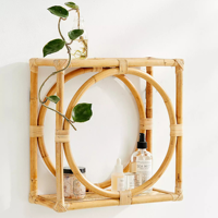 Rak Dinding Rotan Persegi Art Deco Buatan Tangan dengan Aksen Bulat untuk Penyimpanan Dekoratif Kamar Mandi, Vas Dinding, Pot Bunga, dan Peralatan