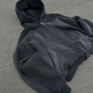 En gros, Ensemble sweat à capuche et pantalon de survêtement pour homme, hiver, en molleton épais 100% coton, délavé à l'acide, avec broderie effet usé, écologique - Product Image 2