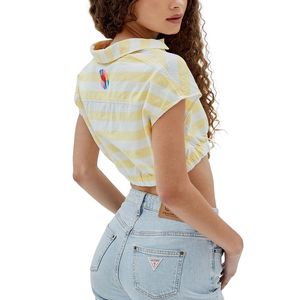 Top Corto a Righe GUESS da Donna J Balvin Giallo Taglia Unica Traspirante in Maglia con Colletto a Fiocco e Dettagli in Piuma - Product Image 2