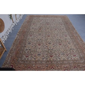 Vintage Turkish Rug Classic Beige <b>Red</b> 6.4 X 9.3ft Large Area Patchwork <b>Wool</b> with Latex Backing for Hallway or Bedroom - Product Image 4