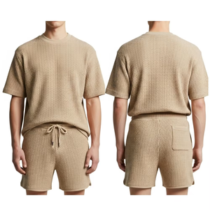 Conjunto Casual de Verano para Hombre, Camiseta de Cuello Redondo de Algodón Beige con Tejido Waffle y Pantalones Cortos de Color Sólido, Tejido Transpirable - Product Image 4