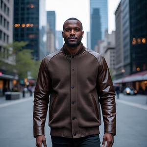 Veste d'hiver à motif de lettres pour hommes, col mandarin, coupe-vent, respirante, manches 100% laine, patchs de broderie, veste universitaire de baseball - Product Image 1