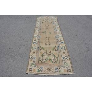 Tapis de Chevet Vintage Turc Classique Rectangle 3 X 9.2ft Fait à la Main Laine Patchwork Design Latex Support Modèle Beige Vert - Product Image 1