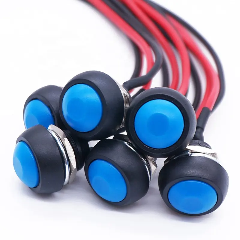 Venta al por mayor botón pulsador personalizado interruptor de coche 12mm azul Mini interruptor botón redondo impermeable botón interruptor de botón de plástico Cable