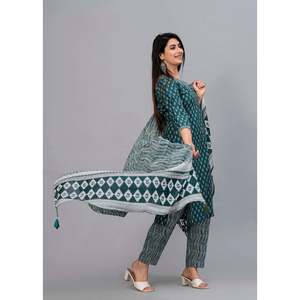 ชุด kurta ของผู้หญิงพิมพ์ลายดอกไม้สีเขียวโอปอลพร้อมกางเกง & dupatta - Product Image 2