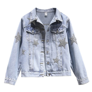 Abrigo vaquero azul claro a la moda de alta calidad, chaqueta de mujer personalizada, chaqueta vaquera con estampado de cinco estrellas bordada con precio barato - Product Image 1
