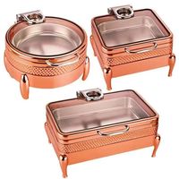 Plat à chafing élégant en cuivre et acier inoxydable, style vintage, avec détails complexes, chauffage au gaz, personnalisable pour les buffets de mariage et la restauration