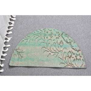 Tapis Turc Vintage Moderne 2.5X1.5 pieds Vert Beige Patchwork Design Fait Main Laine Seagrass Fourrure Latex Couloir Classique - Product Image 1