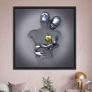 Art mural en verre moderne : Couple s'embrassant en argent, toile imprimée cœur doré, TOILE ENCARTÉCHÉE NOIRE - Product Image 1