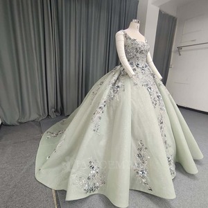 ชุดราตรีทรงบอลกาวน์สีเขียวเซจ คอปกเหลี่ยมเงางาม รุ่น Jancember ANY253 สำหรับงานปาร์ตี้ - Product Image 2