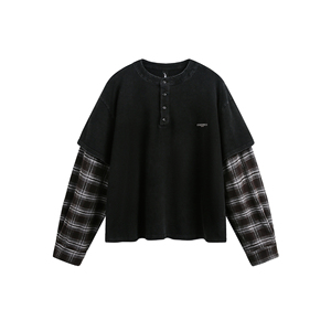 เสื้อยืดแขนยาวทรงโอเวอร์ไซส์สำหรับผู้ชาย แขนเสื้อลายสก็อตตัดกัน สีพื้นลำลอง ผ้าฝ้ายทอทรงพอดีตัว - Product Image 1