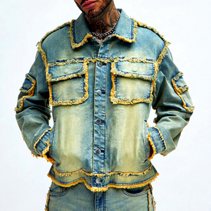 Unisex Denim Two Piece Set Jacket <b>Pants</b> Streetwear Vintage Washed Cotton Full Sleeve Regular Fit Turn Collar Blue Breathable - Product Image 4
