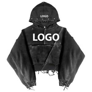 Sudadera con Capucha Extra Grande, Estilo Desgastado, con Logotipo Personalizado, de Alta Calidad, Moda Urbana, Verano, 100% Algodón, Cierre de Cremallera, Cuello en V - Product Image 2