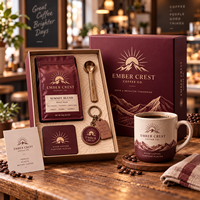 Coffret cadeau de café AT PACK avec emballage personnalisé, porte-clés, aimant de réfrigérateur, tasse et solutions de marquage haut de gamme