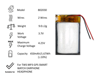 802030 802030-2 Baterai Polimer Lithium 450mAh 3.7V 2 Kabel Baterai Pengganti Kapasitas Tinggi Baterai Speaker Isi Ulang