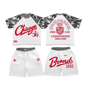 high quality 230 GSM cotton blend t shirt and shorts set smooth fabric <b>white</b> color grey camo raglan sleeves <b>panel</b> style - Product Image 2