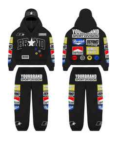 Ensemble de pantalons de survêtement à capuche deux pièces personnalisés pour hommes, en coton éponge français surdimensionné, sweat à capuche imprimé bouffant 3D, pantalon évasé, survêtement patchwork - Product Image 1