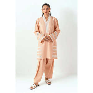 ชุดเซ็ตผ้าเครปพิมพ์ลายลูกพีชสำหรับผู้หญิง ฤดูใบไม้ผลิ/ฤดูร้อน ตกแต่งด้วยผ้าจับจีบ  ไซส์ XS ชุด 2 ชิ้น กางเกงขาสั้น - Product Image 2