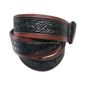 100% Genuine <b>Leather</b> Cowhide Two Tone Vintage Style Western <b>Leather</b> Hand Tooling <b>Belt</b> <b>for</b> <b>Men</b> with Adjustable Nickel Buckle - Product Image 5