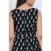Nouvelle Arrivée Robe Courte Femme Noire à Motifs Floraux Col Carré 100% Coton Respirante Taille Naturelle Élégante Coupe Trapèze Pour Fête/Club de Jour