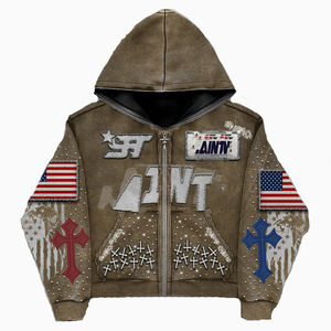 Sudadera con Capucha Personalizada de Estilo Urbano con Pedrería, Estampado, Talla Grande, Felpa Francesa Gruesa, Estilo Vintage, Lavado Ácido, Desgastada - Product Image 1