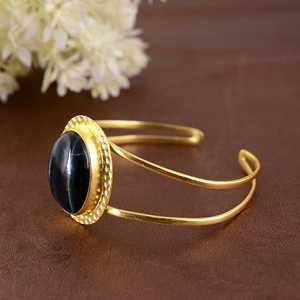 Unique Design <b>Boho</b> Gemstone Bangle Tribal Brass Bangle for Women 18k Gold Plated Oval Stone Cuff Bangle for Wholesale/OEM/ODM - Product Image 3