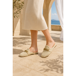 Beige Woven for Slippers with Chain Accessory <b>Closed</b> <b>Toe</b> Design Breathable Summer Features - Product Image 2