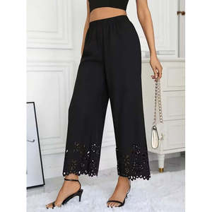 Women's High <b>Waist</b> <b>Elastic</b> <b>Waist</b> Floral Pattern Laser Cut Detail Imported Crepe <b>Trousers</b>, 36049 - Black - Product Image 2