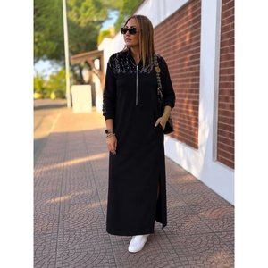 Women's Long-Sleeved Zippered Sequin Detail Long <b>Viscose</b> Two-Thread <b>Dress</b>, 37714 - Black - Product Image 1