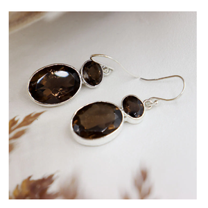 Pendiente de piedras preciosas de cuarzo ahumado de corte ovalado, ajuste de bisel de plata de ley 925, pendiente colgante de moda Chapado en plata para mujer - Product Image 2